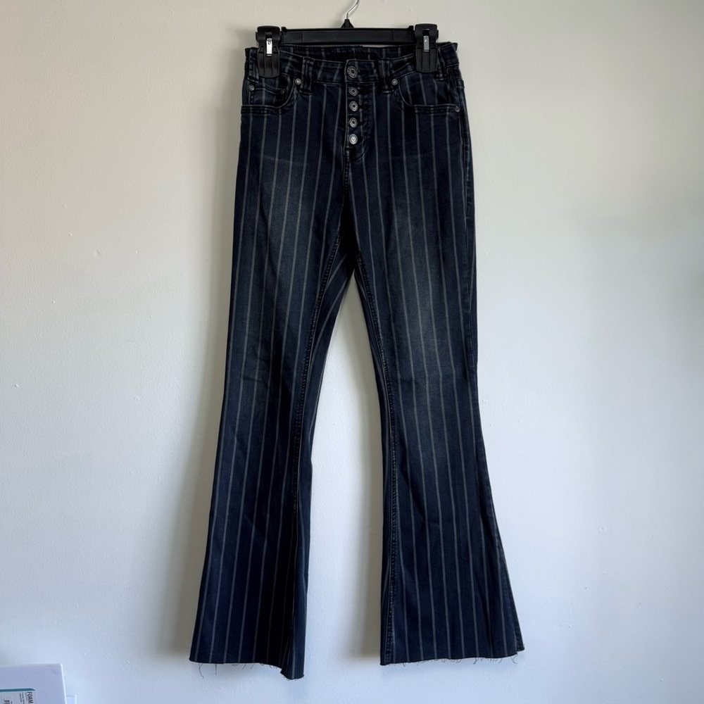 Rock & Roll Cowgirl Striped High Rise Flare Jeans 27x36 Pinstripe Button Fly - Picture 2 of 10